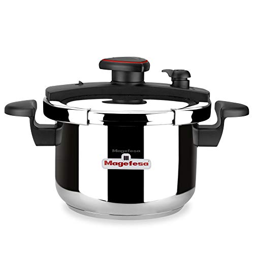 MAGEFESA ASTRA Olla a presión super rápida de fácil uso, acero inoxidable 18/10, apta para todo tipo de cocinas, inducción total.5 sistemas de seguridad, fondo termo difusor IMPACT BONDED BOTTOM. (4L)