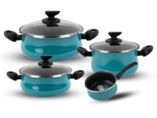 Magefesa Country - Batería de cocina 7 piezas, acero vitrificado exterior verde agua. Antiadherente bicapa, apta para todo tipo de cocinas, especial inducción. 50% de ahorro energético