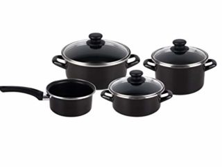 Magefesa Kenia. Batería de Cocina 7 piezas. Material acero vitrificado exterior negro. Antiadherente bicapa Reforzado. Apta para todo tipo de cocinas, especial inducción. 50% de ahorro energético.