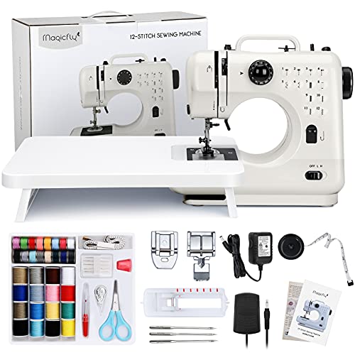 Magicfly Máquina de coser Portátil, Mini Máquinas de Coser con 12 Tipos de Puntadas para Principiantes Niños, Fácil de Usar, Máquina de Coser Eléctrica con Mesa de Extensión, Kit de Costura Blanco