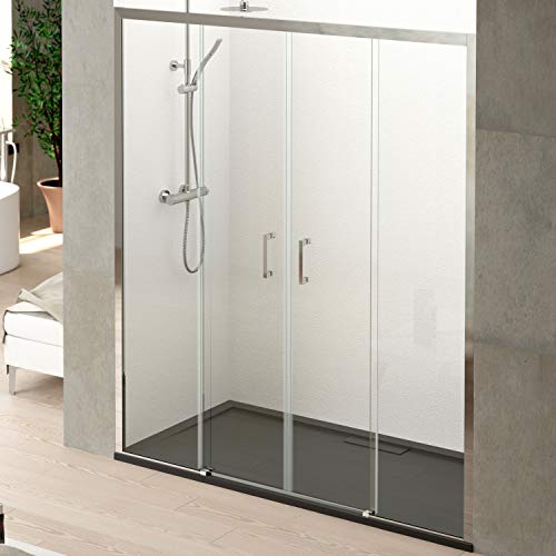 Mamparas de Ducha FRONTAL corredera 2 Fijos y 2 Puertas - EstiloBaño© CALGARY - ANTICAL INCLUIDO - TRANSPARENTE - 4 hojas cristal templado - ANCHO 180 cm (intervalo 177,5-181,5) + OTRAS medidas
