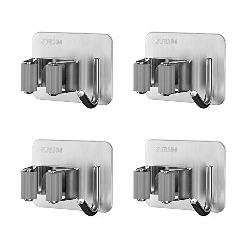 MaoXinTek Soporte para Escobas Autoadhesivo Sin Perforar Acero Inoxidable Colgador de Fregonas con Ganchos para Hogar Cocina Baño Garajes Gris 4 Piezas