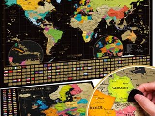 Mapa Mundi Rascar (61 X 43 cm) + Mapa Europa Rascar (46 X 33 cm). El paquete de regalo incluye una herramienta para rascar con precisión y pegatinas de recuerdo de viajes, oro/negro
