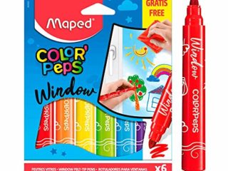Maped - Rotuladores de Colores para Niños - Color's Peps Window - 6 Rotuladores con Punta Gorda para Vidrio - Incluye Tela para Borrar - Tinta Fácil de Limpiar con Agua - Diseño de Gran Diámetro