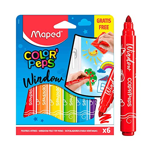 Maped - Rotuladores de Colores para Niños - Color's Peps Window - 6 Rotuladores con Punta Gorda para Vidrio - Incluye Tela para Borrar - Tinta Fácil de Limpiar con Agua - Diseño de Gran Diámetro