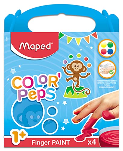 Maped - Set de Manualidades para Niños - Pintura con el Dedo - A Partir de 1 Año - Ideal para Aprender a Pintar - 4 Botes de Pintura al Agua - Limpieza con Agua - Amarillo, Verde, Rojo y Azul
