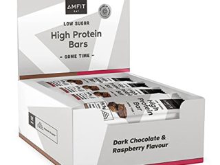 Marca Amazon - Amfit Nutrition Barritas con bajo contenido de azúcares y alto contenido de proteínas - Sabor chocolate negro y frambuesa - 12 x 60g