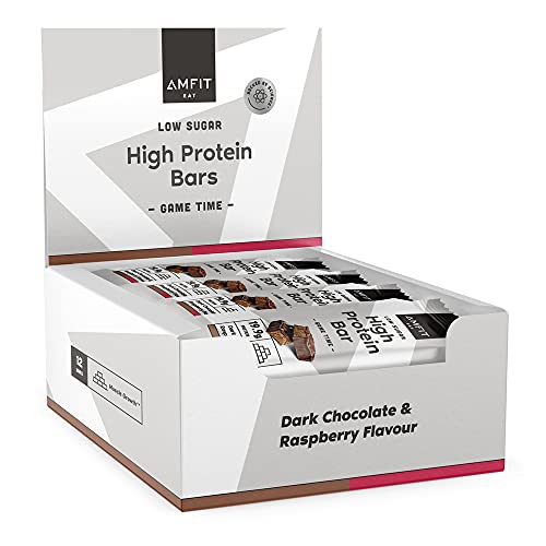 Marca Amazon - Amfit Nutrition Barritas con bajo contenido de azúcares y alto contenido de proteínas - Sabor chocolate negro y frambuesa - 12 x 60g