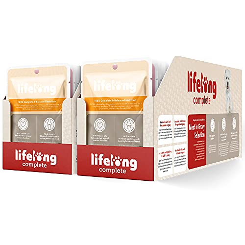 Marca Amazon - Lifelong Alimento completo para perros adultos - Selección de carne en salsa, 4,8 kg (48 bolsitas x 100g)