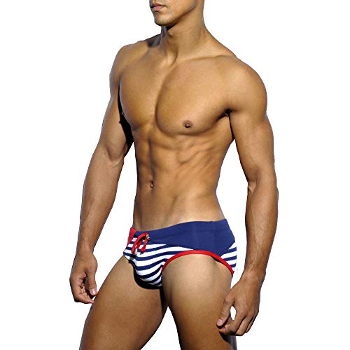 Marca Sexy Hombres Trajes De Baño Acolchado Mens Swim Briefs Front extraíble Pad Push Up Cup Gay Bikini Inferior, Azul oscuro, Medium