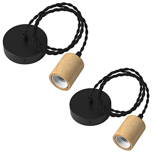 Martll Lámpara Colgante Vintage Retro Lámpara de Techo Madera E27 Porta Lámparas Metal Luz Colgante con Cable de 150CM (2 pack)
