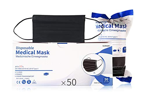 Mascarilla Quirúrgica Desechable Homologada, 50 Unidades, Color Negro, CE BFE ≥98%, EN 14683:2019+AC:2019 Type II
