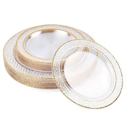 MATANA - 40 Platos Transparentes de Plástico Duro con Borde Dorado - 2 Tamaños (19 cm y 26 cm)/ Menaje Desechable Fiestas