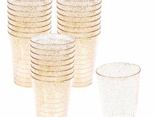 MATANA - 50 Vasos Transparentes de Plástico Duro con Brillo Dorado - 300ml / Vasos desechables Ideales para Fiestas y Eventos