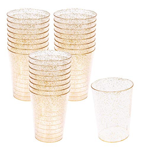 MATANA - 50 Vasos Transparentes de Plástico Duro con Brillo Dorado - 300ml / Vasos desechables Ideales para Fiestas y Eventos