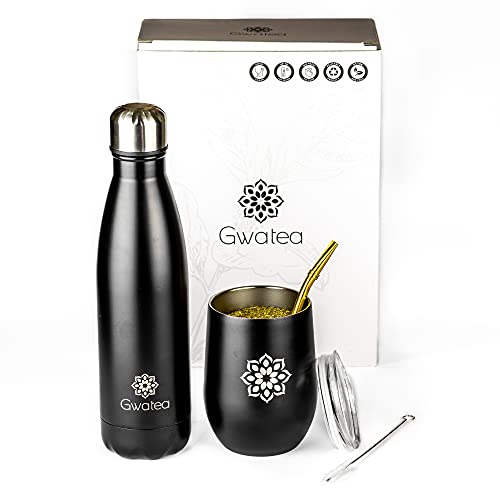 Mate argentino Calabaza Kit y su bombilla - Pack con termo isotérmico, vaso para mate de doble pared, bombilla de paja de acero inoxidable y cepillo de limpieza - calabaza para Yerba mate uruguayo
