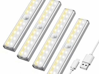 Maxuni Luz de Armario Pack 4, Lámpara LED con Sensor Movimiento inalámbrico recargable por USB, Iluminación de armario LED de 3 modos, Tira de adhesivo magnético para Escalera Armario Pasillo Bodega