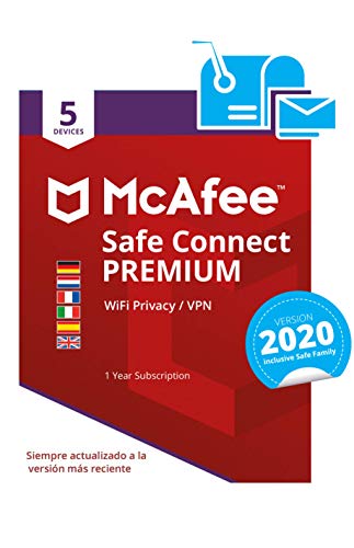 McAfee SafeConnect Premium 2020 - VPN, Edición Europea, 5 Dispositivos, PC/Mac/Android/Smartphones, Código de activación por correo