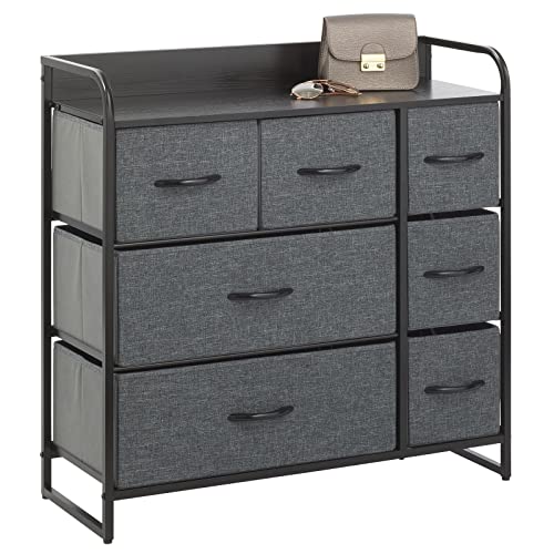 mDesign Cómoda para dormitorio con 7 cajones – Mueble con cajones ancho para el salón, la habitación o el pasillo – Cajonera de metal, MDF y tela para guardar ropa – negro/gris
