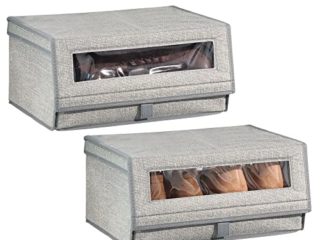 mDesign Juego de 2 cajas para zapatos de fibra sintética (grande) – Cajas apilables con ventana, cierre adhesivo y tapa abatible – Prácticas cajas organizadoras para armarios y estanterías – gris