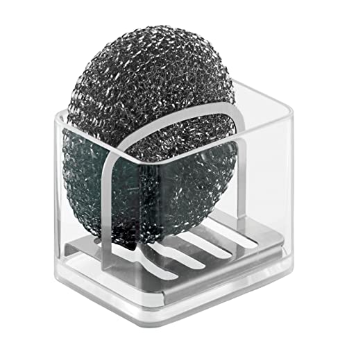mDesign Portaestropajos doble – Eficiente organizador de fregadero para almacenar estropajos o esponjas – Guarda estropajo de cocina con separador de acero inoxidable - Transparente