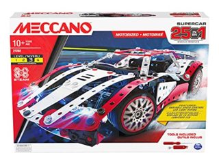 MECCANO Kit de construcción motorizado 25 en 1 Supercar Stem con 347 Piezas, Herramientas Reales y Luces de Trabajo, Juguetes para niños a Partir de 10 años