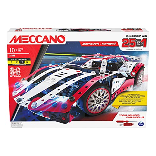 MECCANO Kit de construcción motorizado 25 en 1 Supercar Stem con 347 Piezas, Herramientas Reales y Luces de Trabajo, Juguetes para niños a Partir de 10 años