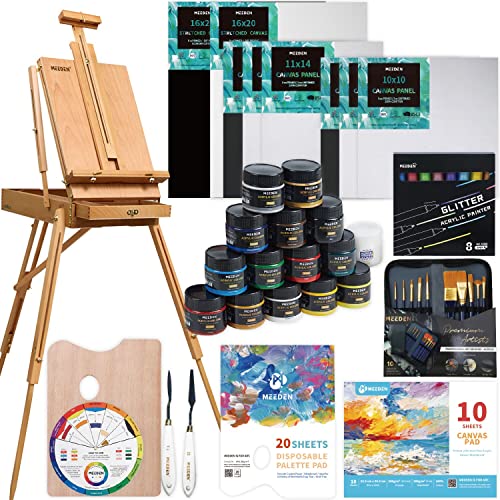 MEEDEN 40 piezas Kit de pintura de artista de con caballete de estilo francés, juego de pintura acrílica, pinceles, panel de lona, lienzo estirado, para artistas, principiantes y adultos