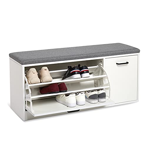 Meerveil Banco Zapatero, Asiento Almacenamiento con Gabinete de Zapatos Madera para Entrada Pasillo, 100 x 30 x 46 cm (Blanco)