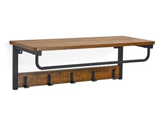 Meerveil Perchero de Pared con Estante, Colgador con 5 Ganchos y Barra Mural Industrial para Entrada Pasillo Salón Baño, 67 x 28 x 24 cm, Marrón Rústico y Negro
