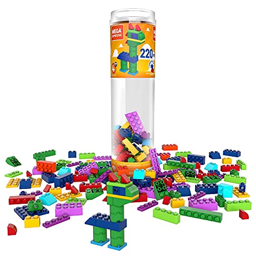 Mega Construx Tubo mediano arcoiris 220 piezas de colores, bloques de construcción para niños, modelos surtidos (Mattel GVM51)