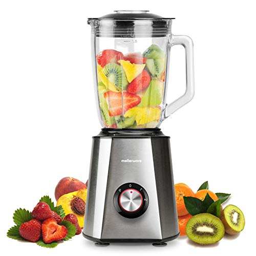 Mellerware - Batidora de vaso Mixy! 1300 W | Jarra de vidrio de 1.5L | 2 velocidades + TURBO | Procesador de alimentos profesional con cuchillas de 6 hojas | Rompehielos | Acero Inoxidable