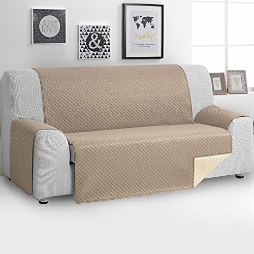 MERCURY TEXTIL- Funda de Sofá Reversible, Protector para Sofás Acolchado, Funda con Reposabrazos. Variedad de Medidas (Beige+Cuero, 4 Plazas)