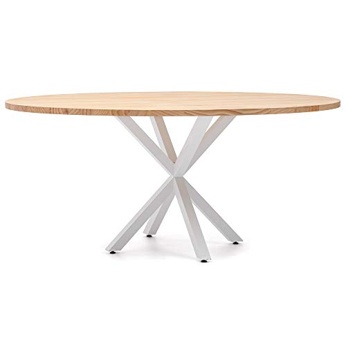 Mesa Comedor Ovalada Pata Estrella 160x100x75cm Blanco en Madera Maciza de Pino de Grosor 30mm con Acabado Natural Estilo nórdico Industrial Box Furniture