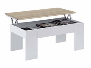 Mesa de Centro Elevable, Mesita de Salón o Comedor, Modelo LC, Acabado en Color Blanco Artik y Roble Canadian, Medidas: 100 cm (Ancho) x 50 cm (Fondo) x 45-56 cm (Alto)