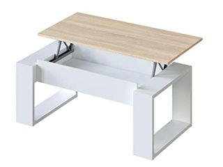 Mesa de Centro Elevable, Mesita de Salon, Comedor, Modelo Nova, Acabado en Blanco Artik y Roble Canadian, Medidas: 105 cm (Largo) x 55 cm (Ancho) x 45-54 cm (Alto)