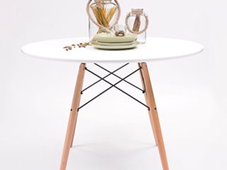 Mesa de Comedor o Cocina Redonda 100 cm diámetro Tower Tapa lacada Blanca, Patas Madera de Haya y refuerzon metálicos en Negro