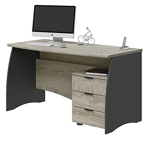 Mesa de Despacho con 3 Cajones, Mesa de Oficina o Estudio, Modelo Stil, Acabado en Gris Antracita y Roble Alaska, Medidas: 136 cm (Ancho) x 67 cm (Fondo) x 74 cm (Alto)