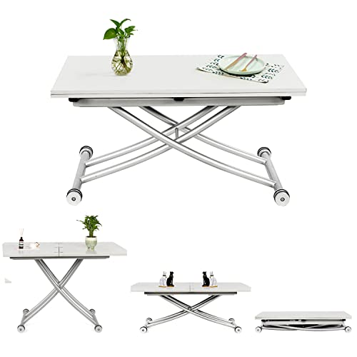 Mesa Elevable y Extensible,Mesa de Centro Funcional para la Cocina,Comedor salón, Escritorio, Adecuada para Comedor de Espacio Pequeño, Sala de Estar, Cocina, Sala de Estudio (Blanco)