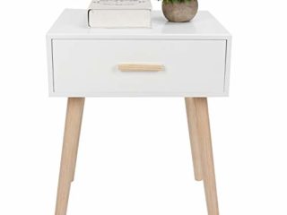 Mesita de Noche Blanca, Mesita Auxiliar de Madera Estilo Nórdica con Cajón para Salón, Dormitorio, Recepción, 42 x 35 x 15 cm