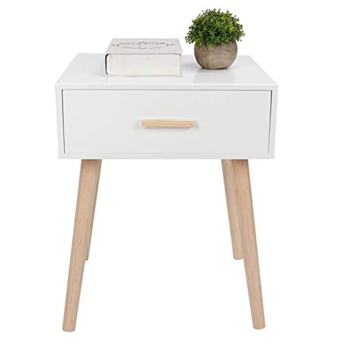 Mesita de Noche Blanca, Mesita Auxiliar de Madera Estilo Nórdica con Cajón para Salón, Dormitorio, Recepción, 42 x 35 x 15 cm