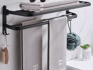 Meyuxg Toallero sin agujeros, plegable, accesorio de baño, toallero autoadhesivo negro con 2 ganchos, adecuado para baño y cocina.