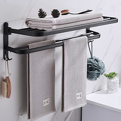 Meyuxg Toallero sin agujeros, plegable, accesorio de baño, toallero autoadhesivo negro con 2 ganchos, adecuado para baño y cocina.