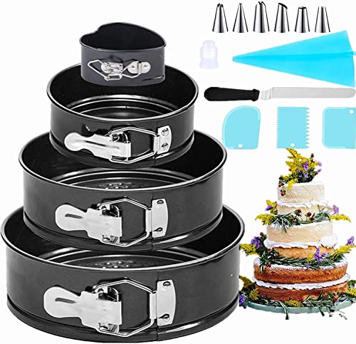 Mgee Moldes Para Pasteles 4 Piezas (4"/ 7" /9"/10") Moldes Tartas Redondo Corazon Molde de Horno Reposteria Desmontables Antiadherente con Set Boquillas Manga Pastelera (Negro)