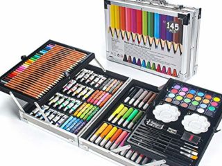 MIAOKE 145 Set de Pintura Niños, Caja de Aluminio Deluxe y Kit de Dibujo con Lápices de Colores, Marcadores, Pinturas de Acuarela, Crayones, Lápices HB, Pastel de Acuarela, Pincel, Bloc de Dibujo