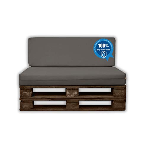 MICAMAMELLAMA Pack Ahorro Asiento + Respaldo Cojines para palets Sofa de Palets Exterior e Interior - Funda Náutica Gris Impermeable - Espuma HR Alta Densidad - Grosor 12cm - Euro Palets