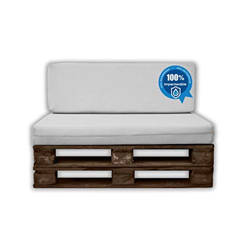 MICAMAMELLAMA Pack Ahorro Asiento + Respaldo Cojines para palets Sofa de Palets Exterior e Interior - Funda Náutica Blanca Impermeable - Espuma HR Alta Densidad - Grosor 12cm - Euro Palets