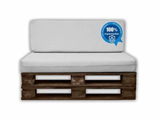 MICAMAMELLAMA Pack Ahorro Asiento + Respaldo Cojines para palets Sofa de Palets Exterior e Interior - Funda Náutica Blanca Impermeable - Espuma HR Alta Densidad - Grosor 12cm - Euro Palets