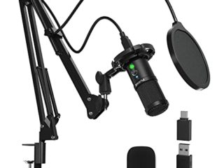 Micrófono PC, FURINE USB Micrófono Streaming Cardioide para Juegos, Con Control de Ganancia, Vigilancia，192 kHz/24 bits, Brazo Micrófono Voladizo Ajustable, Adecuado para Podcast, YouTube, PS4, Mac