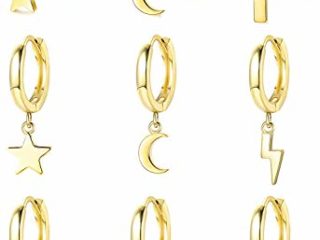 Milacolato 12Pcs 316L Acero inoxidable Luna Estrella Pendientes de botón Pendientes de Aro Colgantes para Mujeres Hombres CZ Cartílago de gota Joyería Pequeño Pendientes Aros Oro
